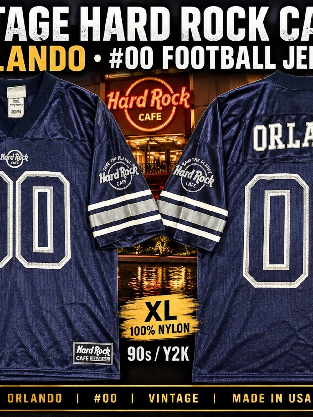 Vintage Hard Rock Cafe Orlando Football Jersey #00 XL Made USA 90s Y2K